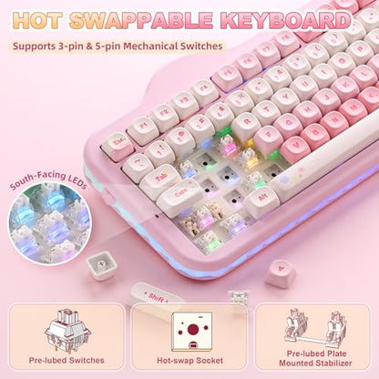 YUNZII C98 Cute Cake Wireless Mechanical Keyboard (Pink, Milk Switch) | 99 Keys with Number Pad, Hot Swap, PBT MOA Keycaps, BT5.0/2.4G/USB-C, Gasket Mount, Custom RGB Backlit for Win/Mac - color: Pink, size: Milk V2 Linear Switch