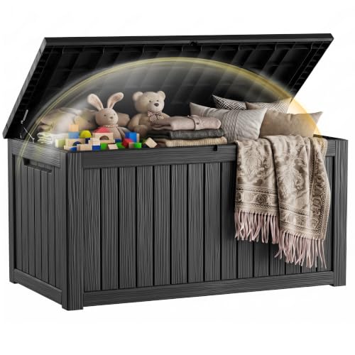 EFU Outdoor Storage Box 330 Gallon Deck Box, Waterproof Resin, Black | (Indoor & Outdoor) Lockable UV Resistance Storage Bin, Storage Box for Outdoor, Patio Storage With Support Rod - color: Black, size: 330 Gallon
