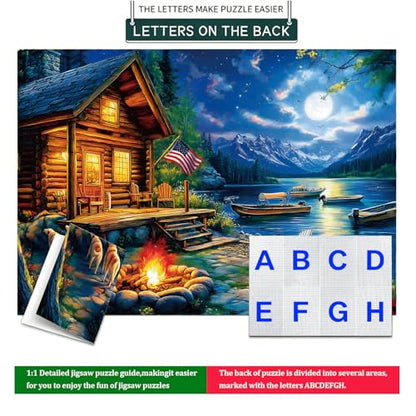 1000 Piece Puzzle for Adults, 20 x 27 inches Jigsaw Puzzles - Moonlit | Tight Piece Fit, 1:1 Reference Poster, Lettered Back, Minimal Puzzle Dust, Vibrant Colors, 2mm Extra-Thick Pieces - color: 1000 Pieces-moonlit Lake Cabin
