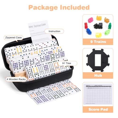 Mexican Train Double 12 Dominoes Set - 91 Tiles with 4 Wooden Trays & Travel Case, Family Board Game for Adults Kids Party Travel - style: 4 Tiles Holders, 91 Tiles Double 12 Dominoes Game Set
