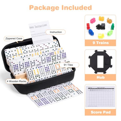 Mexican Train Double 12 Dominoes Set - 91 Tiles with 4 Wooden Trays & Travel Case, Family Board Game for Adults Kids Party Travel - style: 4 Tiles Holders, 91 Tiles Double 12 Dominoes Game Set