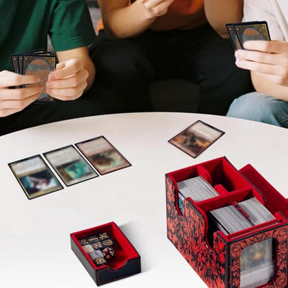MTG Commander Deck Box with Dice Tray Card Deck Box Fits 160 Double Sleeved /200 Single Sleeved trading Cards, TCG deck box with 6 DICE 1Acrylic Dividers 1 Card Holder (Fire) - color: Fire