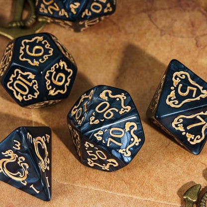 7-Die DND Dice Set Dragon Pattern Polyhedral Die with Leather Bag D&D Dice Set for RPG Table Games (Black W/Gold Dragon Pattern) - color: Black W/Gold Dragon Pattern