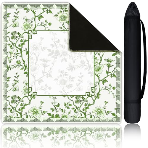 Chinoiserie Mahjong Mat with 1 Carrying Bag 31.5" x 31.5" Green and White Rubber Anti Slip and Noise Reduction Multi Purpose Game Table Cover for Mahjong, Card, Board Tile Games - color: Green