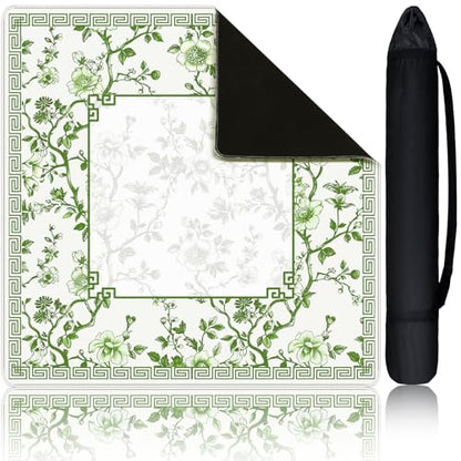 Chinoiserie Mahjong Mat with 1 Carrying Bag 31.5" x 31.5" Green and White Rubber Anti Slip and Noise Reduction Multi Purpose Game Table Cover for Mahjong, Card, Board Tile Games - color: Green