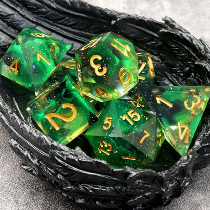 Haxtec Sharp Edge DND Dice Set, Glitter Resin Polyhedral RPG Dice | Green D&D Dice for Role Playing Games, Compatible with Dungeons and Dragons, Handmade 7-Die with Metal Case, TTRPG Gifts - color: Green Black Gold