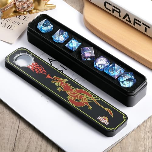 Resin Sharp Dice,DNDND 7PCS Glitter Liquid Resin DND Dice Set with Gift Case for Dungeons and Dragons Tabletop Game (Liquid Blue and Pink) - color: Liquid Blue and Pink