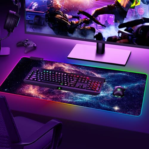RGB Gaming Mouse Pad, Large Mousepad with Led Light, Cosmic Starry Sky Keyboard Pad Gaming Accessories for Desk, Non-Slip Rubber Base Big Mouse Mat for Gamer - color: Cosmic Starry Sky