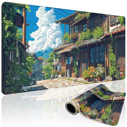 Japanese Street Scene Large Gaming Mouse Pad Desk Mat 31.5"x15.7" | Extended Mousepad, Non-Slip Rubber Base , Stitched Edges, for Computer/Laptop/Office/Home - color: Japanese Street