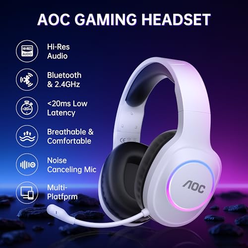 AOC Wireless Gaming Headset Compatible with ps5/4, PC, USB-C & Bluetooth 5.4 & 2.4GHz Gaming Headphones with Noise Canceling Mic, 7.1 Virtual Surround,20ms Latency, 45H, RGB- White - color: White