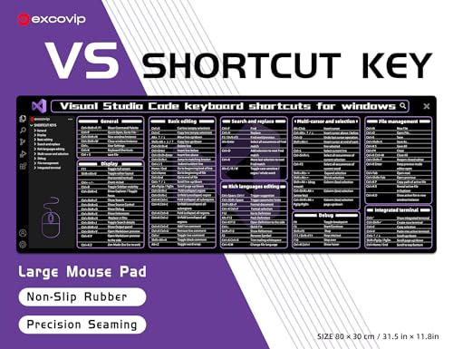 excovip Commands Shortcuts Mouse Pad for Visual Studio-80x30x0.2 cm Extended Large Cheat Sheet Mousepad PC Office Spreadsheet Keyboard Mouse Mat Non-Slip Stitched Edge 0472 - color: for Visual Studio