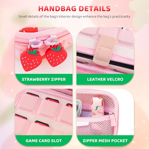 GLDRAM Pink Strawberry Carrying Case for Nintendo Switch 2 (2025), Cute Portable Hard Shell Travel Single Bag with 10 Game Card Slots & Shoulder Strap - color: Strawberry