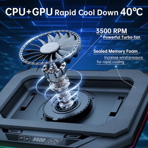 Gaming Laptop Cooling Pad with 3500RPM Powerful Turbofan, RGB Laptop Cooler Stand with 3 USB Ports, Ergonomic Adjustable Height Laptop Fan for 12-19 Inch Notebooks, Office & Gaming