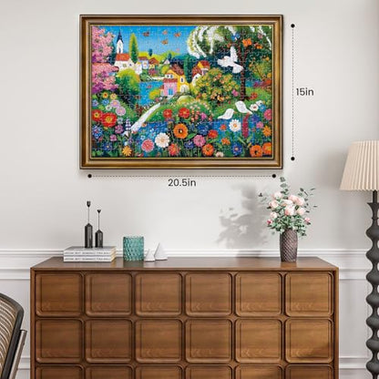 300 Pieces Puzzles for Adults, Large Piece Charming Village Jigsaw Puzzles,Colorful Village with Flowers,Birds Lake Puzzle for Kids Kids Ages 8-10 8-12 10-12,Puzzles for Family Game Nights,20.5x15 in - style: Flowers Village