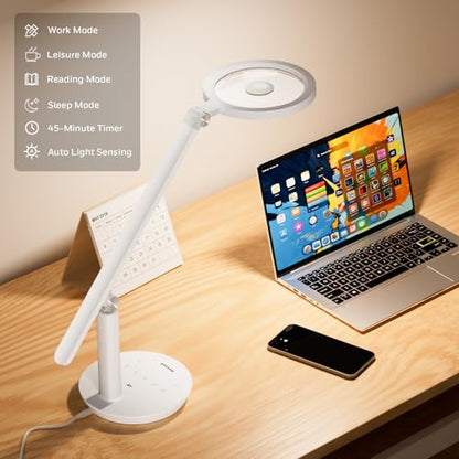 Honeywell H6 Desk Lamp for Home Office, Dimmable Reading Table Light, White | Sunturalux CRI≥97, RG0 Low Blue Light, Flicker-Free, 800LM Dimmable with Timer for Webcam, Study, Office & Bedroom - color: White