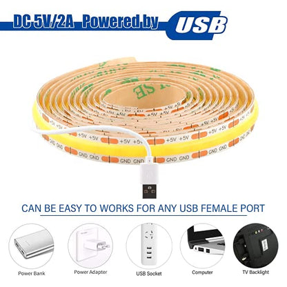 dephen 5V USB LED Light Strip 4.9ft, Warm White Under Cabinet Lighting | 3000K Dotless COB String, Flexible and Cuttable, CRI 90, Self Adhesive Tape for TV Backlight, Mirror, Bed, 3D-Printer, DIY - size: 4.92ft-3000K-USB