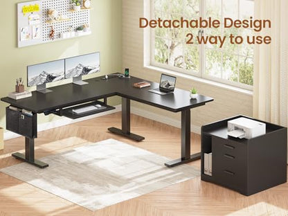 SEDETA L Shaped Standing Desk with File Cabinet, 3 Drawers, Power Outlet | 63 x 53'' Electric Height Adjustable Gaming Computer Desk with Led Lights for Home Office, Gaming Room, Black - color: Black, size: 63 x 53'' L Shaped Standing Desk