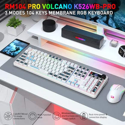 Redragon K526 PRO RGB Wireless Membrane Gaming Keyboard, 104 Keys Mechanical-Feel Keyboard w/LED Info Display, Media/Backlit Knob Control, Smooth Linear Switch & Software Supported - color: White