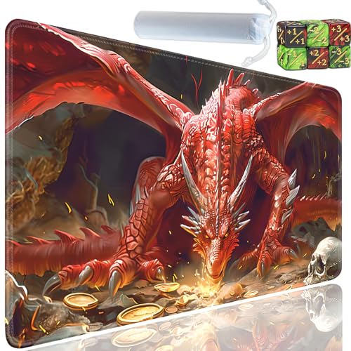Playmat for MTG, 24x14 Inches Playmats, for TCG and CCG Trading Card Game Mat, Non-Slip Rubber for MTG Playmats with A Storage Bag and 6 Dice Set, Red Flying Dragon Pattern - color: Yu-Playmat-1-C73