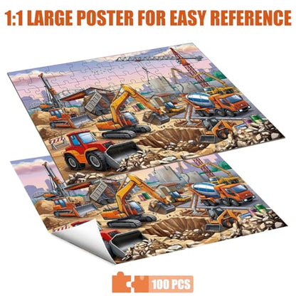 100 Piece Puzzles for Kids Ages 4-6 6-8 8-10, 100 Piece Construction Site Learning Educational Jigsaw Puzzles, Vehicle Kids Puzzles Ages 5-8 Gifts for Girls Boys - Every Piece is Unique - color: Construction Site