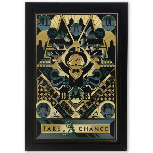 Hasbro Monopoly Take a Chance Framed Wood Wall Decor | Vintage Board Game Wall Art for Home - color: Black/Gold