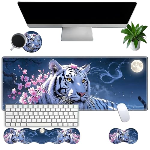 Large Gaming Mouse Pad Set with Wrist Support – 31.5" x 11.8" 4-in-1 XXL Mousepad with Keyboard Wrist Rest, Mouse Wrist Rest & Coaster – Ergonomic Desk Mat for Office, Home – White Tiger Flower - color: White Tiger Flower