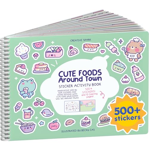 Cute Foods Around Town 500+ Sticker Book for Girls by Cupkin Toddler Airplane Activity Coloring + Sticker Book, Road Trip Essentials, 12 Coloring Pages + 12 Scenes for Ages 2–8 Years - color: Cute Foods