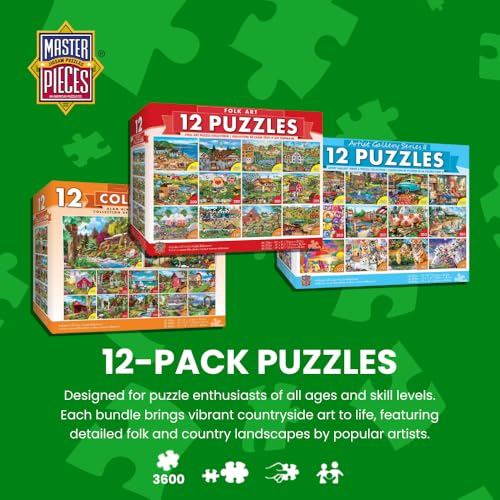 MasterPieces – Jigsaw Puzzle 12-Pack Bundle Set, Fun for Adults and Family, Folk Art Collection, (4) Round 100 Piece, (4) 300 Piece, (4) 500 Pieces - style: Folk Art