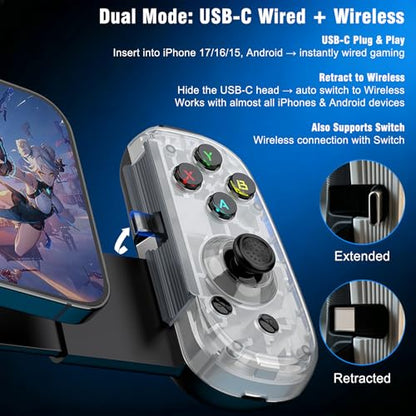 Joso Mobile Game Controller with USB-C Plug & Play, Wireless & Wired Gamepad for iPhone/Android & Switch with Hall Effect Joysticks/Dual Vibration/Turbo, Supports Cloud Gaming & Streaming (White) - color: White