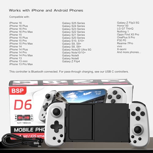 Joso Wireless Phone Controller for iPhone/Android, Mobile Game Controller with Hall Joystick Suitable for Xbox Cloud Gaming, PS Remote Play, Steam Link, Call of Duty & More - White - color: White | D6
