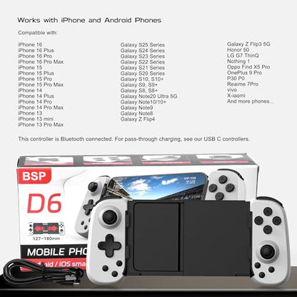 Joso Wireless Phone Controller for iPhone/Android, Mobile Game Controller with Hall Joystick Suitable for Xbox Cloud Gaming, PS Remote Play, Steam Link, Call of Duty & More - White - color: White | D6