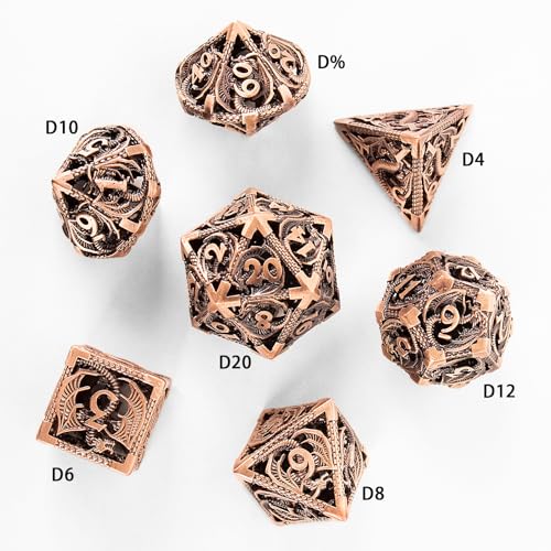 7PCS DND Dice Set, Premium Hollow Metal Polyhedral Dice with Treasure Chest & Dice Bag, Gift for Men & Women, Dungeons and Dragons, TTRPG RPG Tabletop Games (Antique Red Copper) - color: Antique-red-copper