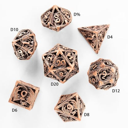 7PCS DND Dice Set, Premium Hollow Metal Polyhedral Dice with Treasure Chest & Dice Bag, Gift for Men & Women, Dungeons and Dragons, TTRPG RPG Tabletop Games (Antique Red Copper) - color: Antique-red-copper