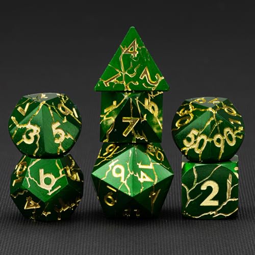 DND Dice Set Metal,Polyhedral D&D Metallic Heterotypic D and D Dice with Cracks for Dungeons and Dragons RPG TTRPG 7-Die Set with Gift Case (Crack, Green and Gold) - color: Green and Gold