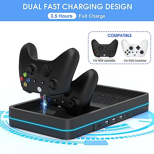 KEPLUG Dual Cooling Fan and Cooling Stand for Xbox Series X/S Console/Controller Dual Controller Charger Station with RGB LED Light & 3 USB Ports,Xbox Series x Accessories with 2 Headphone Hooks - color: Black