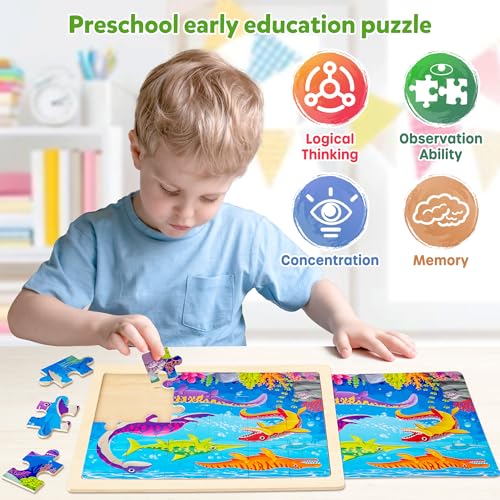 SYNARRY Large Dinosaur Wooden Puzzles for Kids Ages 4-6, 4-in-1 Gift Set | Dinosaur Puzzles for Toddlers & Kids Ages 3-5, Birthday Gifts for Boys & Girls, Educational Dinosaur Toys, Screen-Free Play - style: Dinosaur