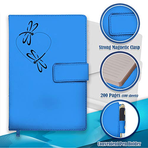 The Amazing Office Dragonfly Heart Refillable Journal, Light Blue Faux Leather, 200 Lined Pages, 5.75x8.5 Inch Notebook with Magnetic Clasp and Pen Holder, Writing Diary for Women and Men - color: Dragonfly-Heart Lt-Blue