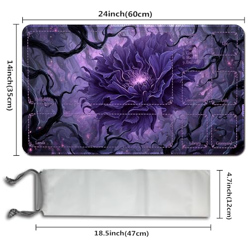 MTG Playmats(Stitched) 14x24in Compatible for OCG CCG RPG TCG Playmats with Card Zones Storage Bag (Purple Peony-with Zone) - color: Purple Peony-with Zone