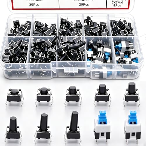 TWTADE 202Pcs Tactile Push Button Switch Assortment Kit, 6x6mm & 7x7mm Momentary Tact Switches, 10 Sizes 4/6 Pin PCB Momentary Push Buttons for DIY Electronic Project, Remote Control, Circuit Repair - color: Black-4 Pin 6x6mm & 7x7mm Series