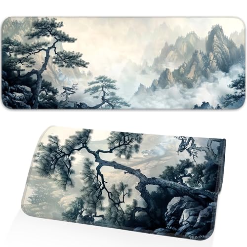 Gaming Mouse Pad, Non-Slip Rubber Base, Enlarged Mouse Pad with Stitching for Gaming, Office and Home, 31.5x11.8 Inch, Mountain Ink Painting - color: Mountain ink painting