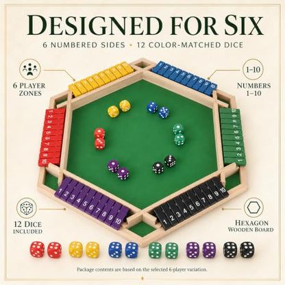 Shut The Box Game, 6 Player Wooden Hexagon Board, 12 Dice Game | 6-player Shut The Box wooden hexagon math board with 12 dice for adults,family nights, parties, pubs and group strategy play - color: 1-6 Players