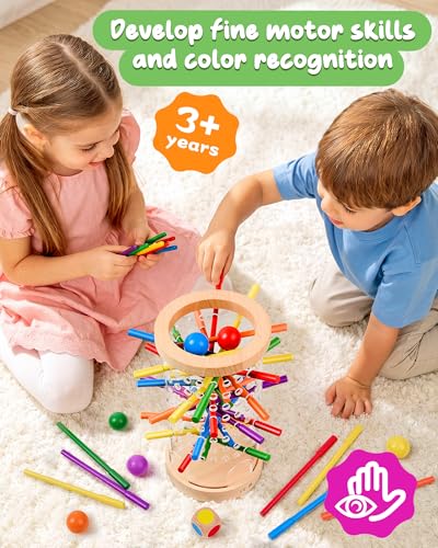 Montessori Wooden Board Games for Kids Ages 4-8, 42 Wooden Sticks Game Quick Setup, Board Games for Kids 4-6, Fine Motor Skills Toy Montessori Toys for 3 4 5 6 Year Olds, Family Games Gift Boys Girls