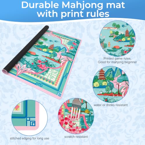 Chinoiserie Mahjong Mat for Table, The Beauty of West Lake, 31.5" x 31.5" | American Mahjong Mat, Anti-Slip Noise-Reducing, Gaming Mat for Mahjong Tiles, Poker, Board Games, Dominoes, Card Games - color: Pink and Green