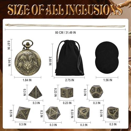 Kabinka DND Dice Set, 7pcs Mini Metal Dice with Pocket Watch Shell, Portable D&D Die with Necklace, Dungeons and Dragons Dice for RPG(Five-Headed Dragon, Bronze) - color: Bronze, style: Five-Headed Dragon