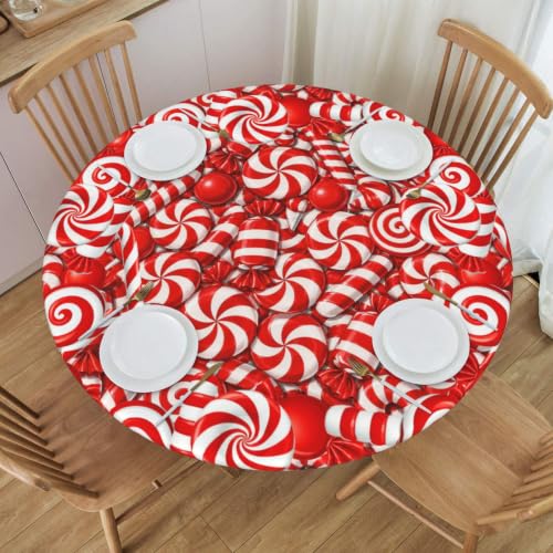 Swirl Candy Christmas Tablecloth Elastic Fitted Table Cloth Round Table Cover Washable Reusable for Kitchen Dining Picnic Party Fit Table 40-44 Inch - color: Swirl Candy S, size: 40" (Round)