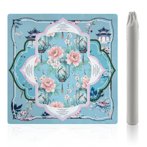 Chinoiserie Mahjong Mat with Rules Non Slip Table Cover Pavilion Design | 31.5"x31.5" with Velvet Storage Bag for Mahjong Poke Board Card Tile Games - color: Chinoiserie Light Gray
