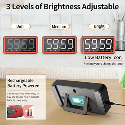 Large 7.8" Digital Timer, Magnetic LED Timer for Kitchen & Classroom | USB-C Rechargeable, Up to 99 Hours Count Up & Countdown Timer with 3 Brightness Levels, 4 Alert Modes and 3 Volume Levels - color: Black Red