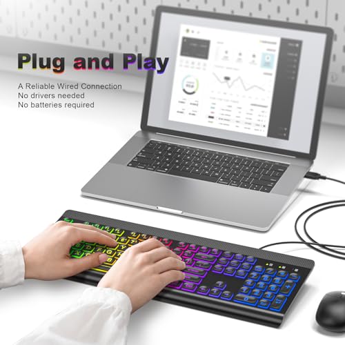 Atelus Large Print Backlit Keyboard, USB Wired Computer Keyboard, Full Size Keyboard with Rainbow Illuminated LED Compatible for Windows Desktop, Laptop, PC, Gaming, Black - color: Black-Rainbow Light