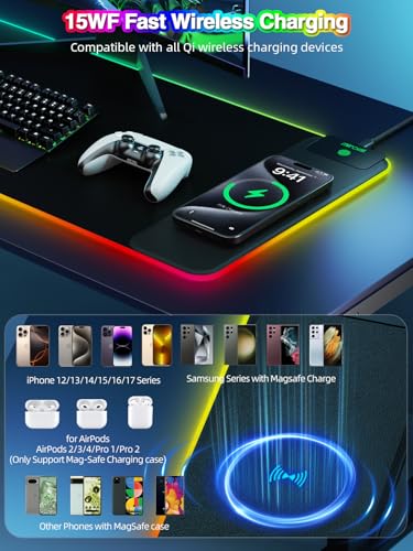 Wireless Charging Mouse Pad, 31.5"x11.81" XL Gaming Mousepad with 11 RGB Colors & 5 Lighting Modes, Home Office Large Desk Pad, Ultra-Smooth Surface, Non-Slip, Waterproof Keyboard Pad Black Desk Mat - color: 31.5x11.81"-Black Right Upgraded