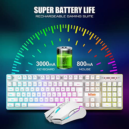 RedThunder K10 Wireless Gaming Keyboard and Mouse Combo, LED Backlit Rechargeable 3800mAh Battery, Mechanical Feel Anti-ghosting Keyboard + 7D 3200DPI Mice for PC Gamer (White) - color: White